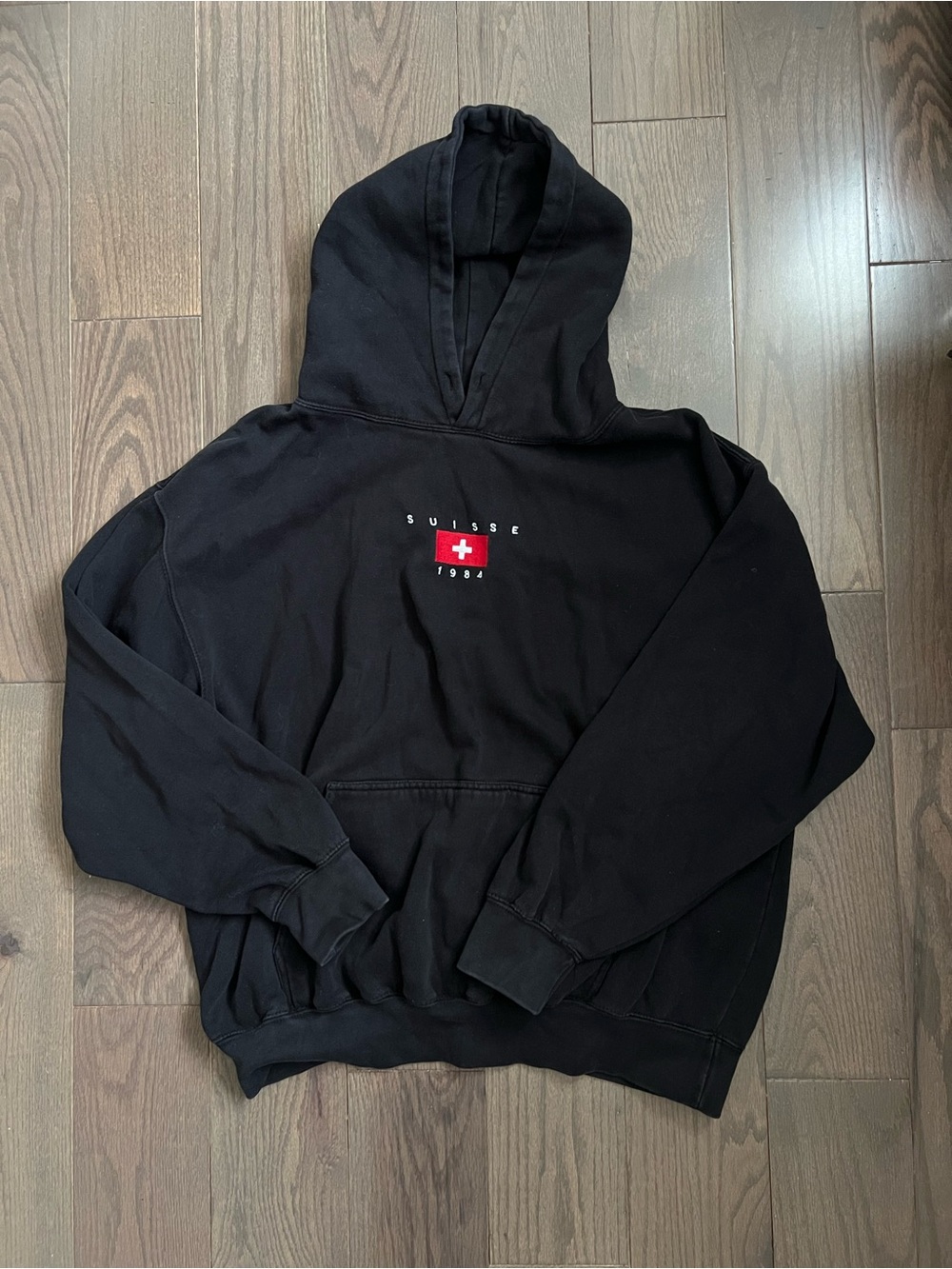 Brandy Melville Black Hoodie with Red Swiss Flag Accent